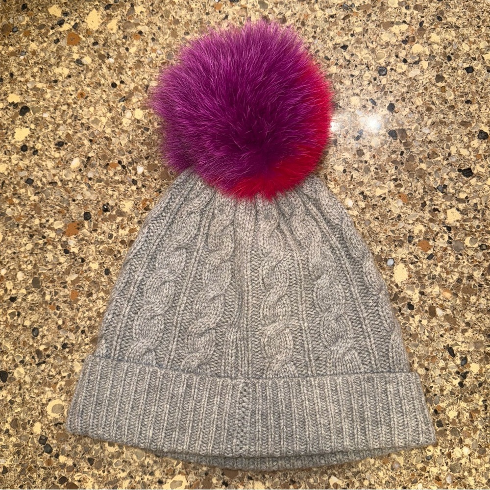 BURBERRY Fur Pom Pom Wool and Cashmere Beanie Grey Pink Purple 54-59cm - Picture 3 of 5